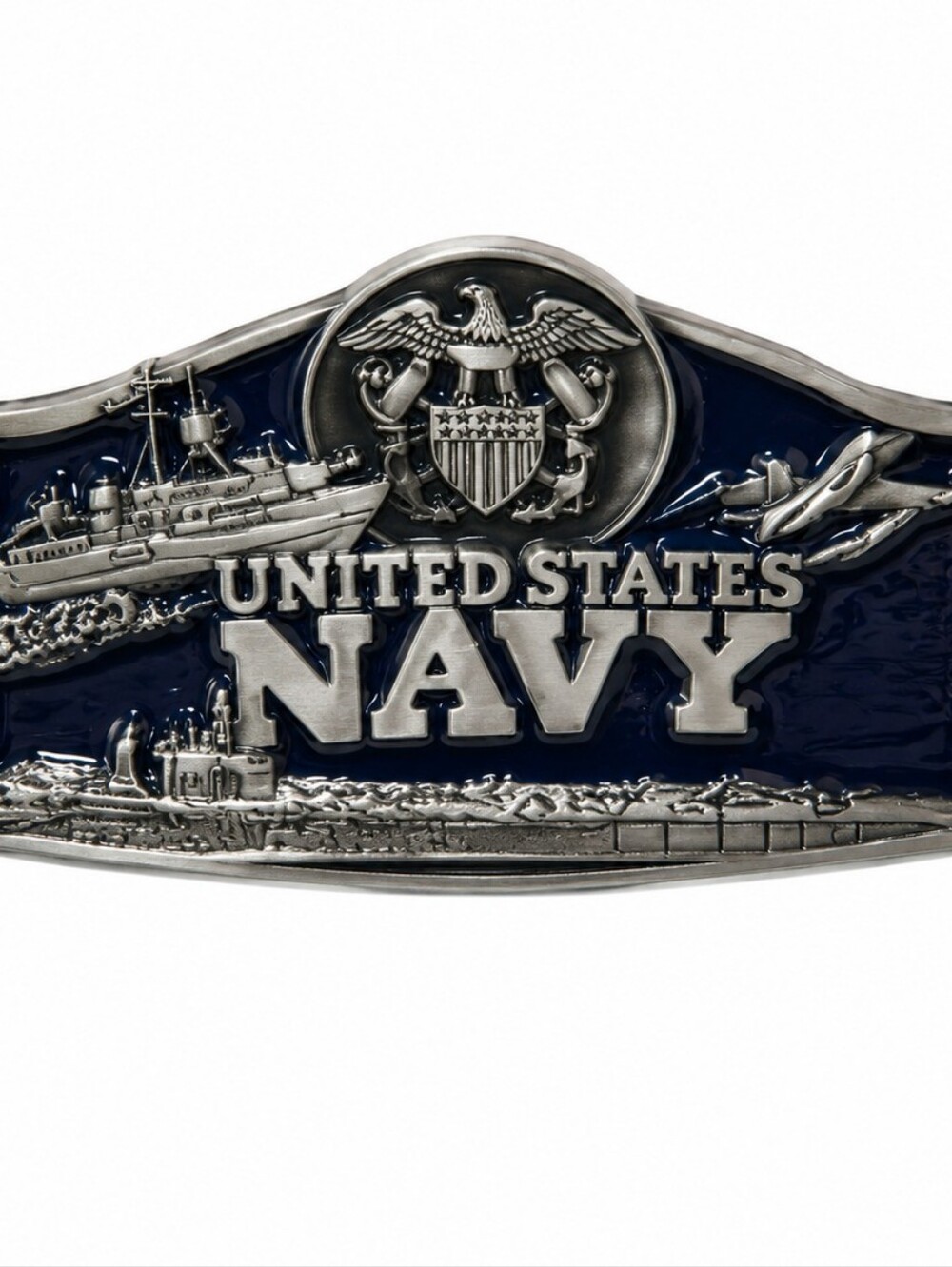 U.S. Navy Belt Buckle Silver Tone Enamel Military Patriotic Eagle Ship New